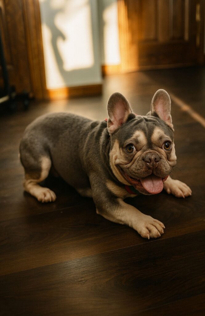 A picture of a French Bulldog in a playful pose ready to get the zoomies and with her toungue out
