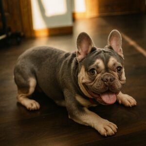 A picture of a French Bulldog in a playful pose ready to get the zoomies and with her toungue out