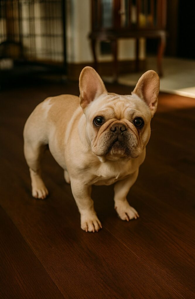 A picture of a French Bulldog standing up and looking at the camera
