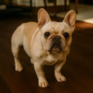 A picture of a French Bulldog standing up and looking at the camera